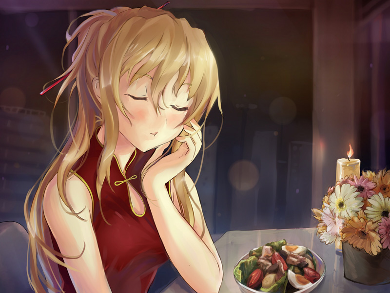 1girl blonde_hair blush building candle china_dress chinese_clothes closed_eyes closed_mouth dress eyelashes fire flower game_cg hair_ornament hairpin hand_on_own_face katawa_shoujo long_hair non-web_source official_alternate_costume official_art orange_flower pink_flower raide red_dress salad salad_bowl satou_lilly sleeveless sleeveless_dress solo table upper_body white_flower window