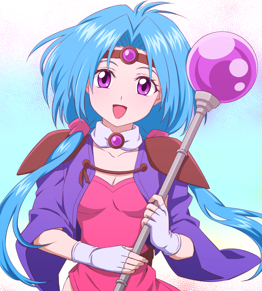 1girl :d blue_hair breasts circlet cleavage fingerless_gloves gloves haou_taikei_ryuu_knight holding holding_staff holding_weapon long_hair looking_at_viewer open_mouth paffy_pafuricia parted_bangs purple_eyes simple_background small_breasts smile solo staff toga_(kanna1147) twintails upper_body weapon white_gloves wide_sleeves