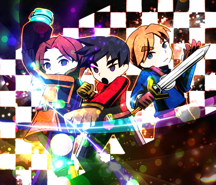 1girl 2014 2boys arm_cannon belt black_hair blonde_hair blue_eyes brown_hair checkered_background chibi gloves holding holding_weapon jacket light_particles mii_(nintendo) mii_brawler mii_brawler_(smash_4) mii_gunner mii_gunner_(smash_4) mii_swordfighter mii_swordfighter_(smash_4) momoyukipch multiple_boys nintendo orange_hair red_hair short_hair super_smash_bros. sword weapon