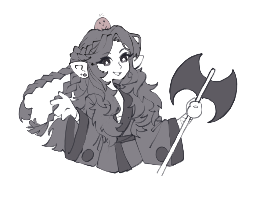 1boy alyruko animal animal_on_head arm_wrap axe black_eyes black_robe braid chibi chibi_only colored_skin cropped_torso half_updo hand_up holding holding_axe holding_weapon long_hair long_sleeves looking_at_viewer maeglin male_focus mole_(animal) monochrome on_head open_mouth parted_bangs pointy_ears robe side_braid sketch smile solo the_silmarillion tolkien&#039;s_legendarium upper_body wavy_hair weapon white_background white_skin wide_sleeves