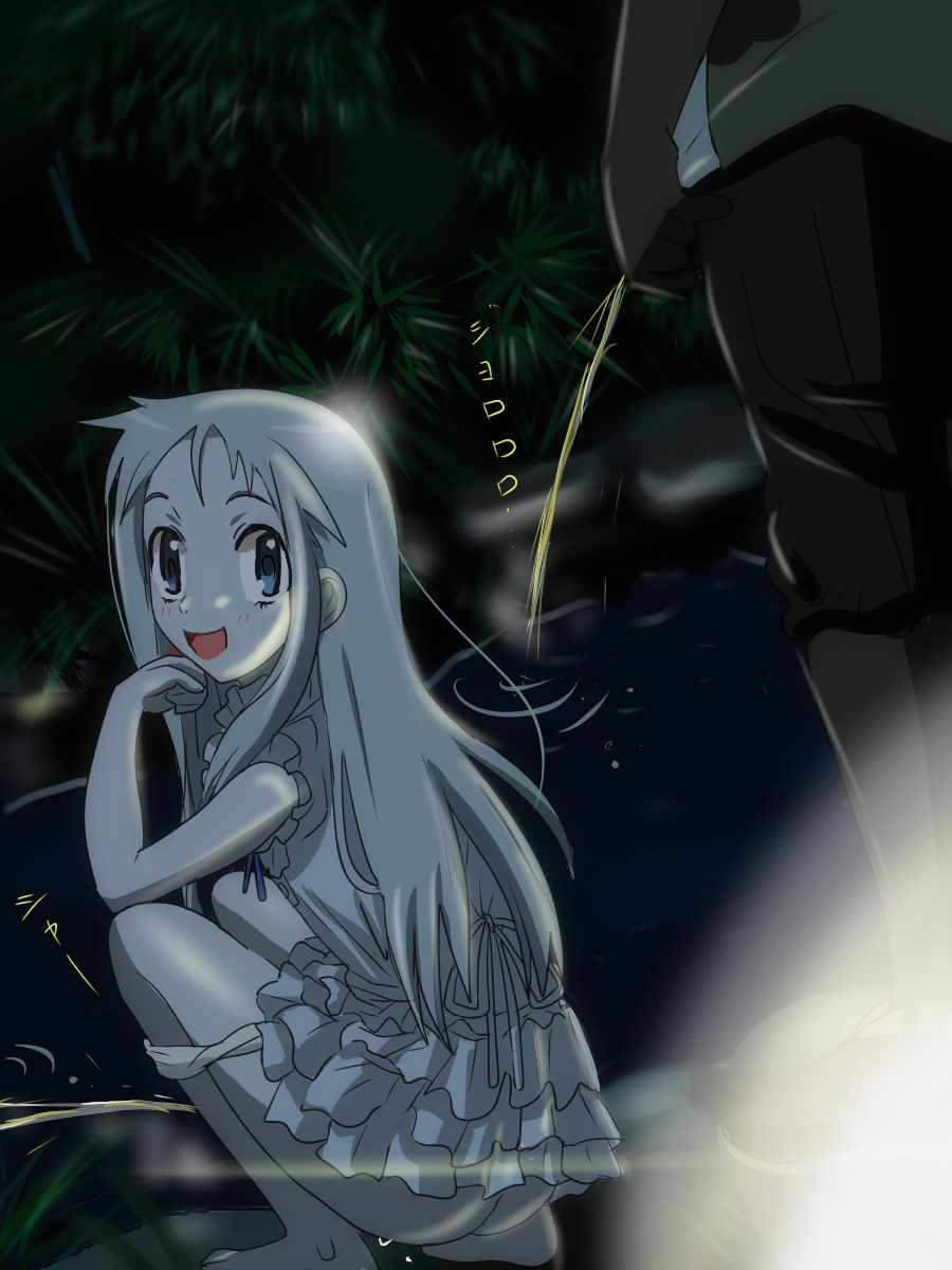 1boy 1girl ano_hi_mita_hana_no_namae_wo_bokutachi_wa_mada_shiranai. ass from_behind highres hisakawa_tetsudou honma_meiko karuta_(karuta01) looking_at_viewer looking_back open_mouth outdoors panties panty_pull peeing peeing_together river smile squatting stream underwear water