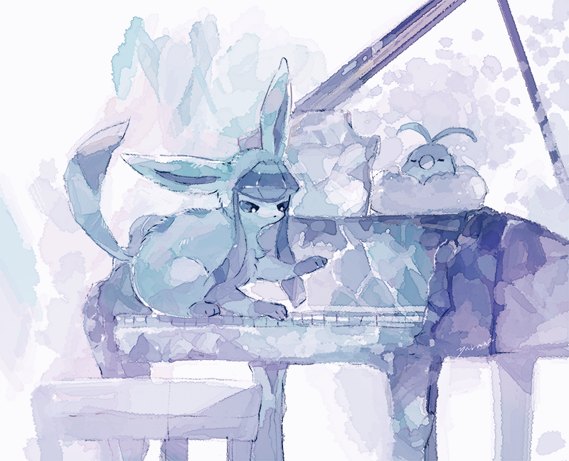 blue_fur gen_3_pokemon gen_4_pokemon glaceon instrument nintendo no_humans painting_(medium) piano pokemon pokemon_(creature) swablu tail traditional_media two-tone_fur watercolor_(medium) yurano_(upao)