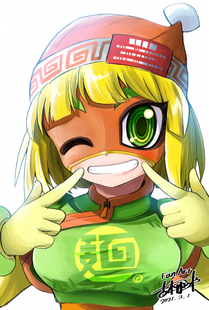 1girl beanie blonde_hair domino_mask furumoto_yuuya green_eyes hat mask min_min_(arms) one_eye_closed orange_hat short_hair smile solo
