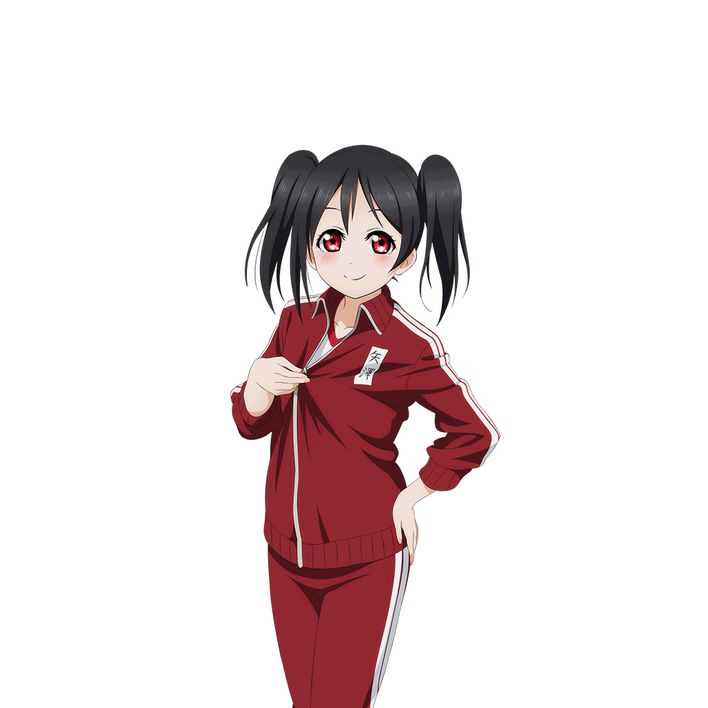 1girl black_hair closed_mouth cowboy_shot flat_chest gym_uniform hand_on_own_hip hand_up jacket long_sleeves looking_at_viewer love_live! love_live!_school_idol_festival love_live!_school_idol_project name_tag official_art pants partially_unzipped red_eyes red_jacket red_pants shirt smile solo track_pants track_suit transparent_background twintails unzipping white_shirt yazawa_nico zipper
