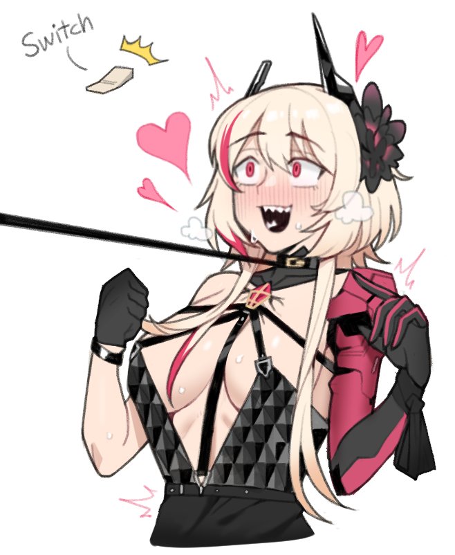 1girl bad_id bad_twitter_id blonde_hair blush collar dress girls&#039;_frontline heart leash leash_pull long_hair m4_sopmod_ii_(devourer_of_the_feast)_(girls&#039;_frontline) m4_sopmod_ii_(girls&#039;_frontline) mechanical_hands multicolored_hair platinum_blonde_hair red_eyes red_hair saru_(monkey_magic3) sharp_teeth shiny_skin simple_background single_mechanical_hand solo streaked_hair sweat teeth white_background