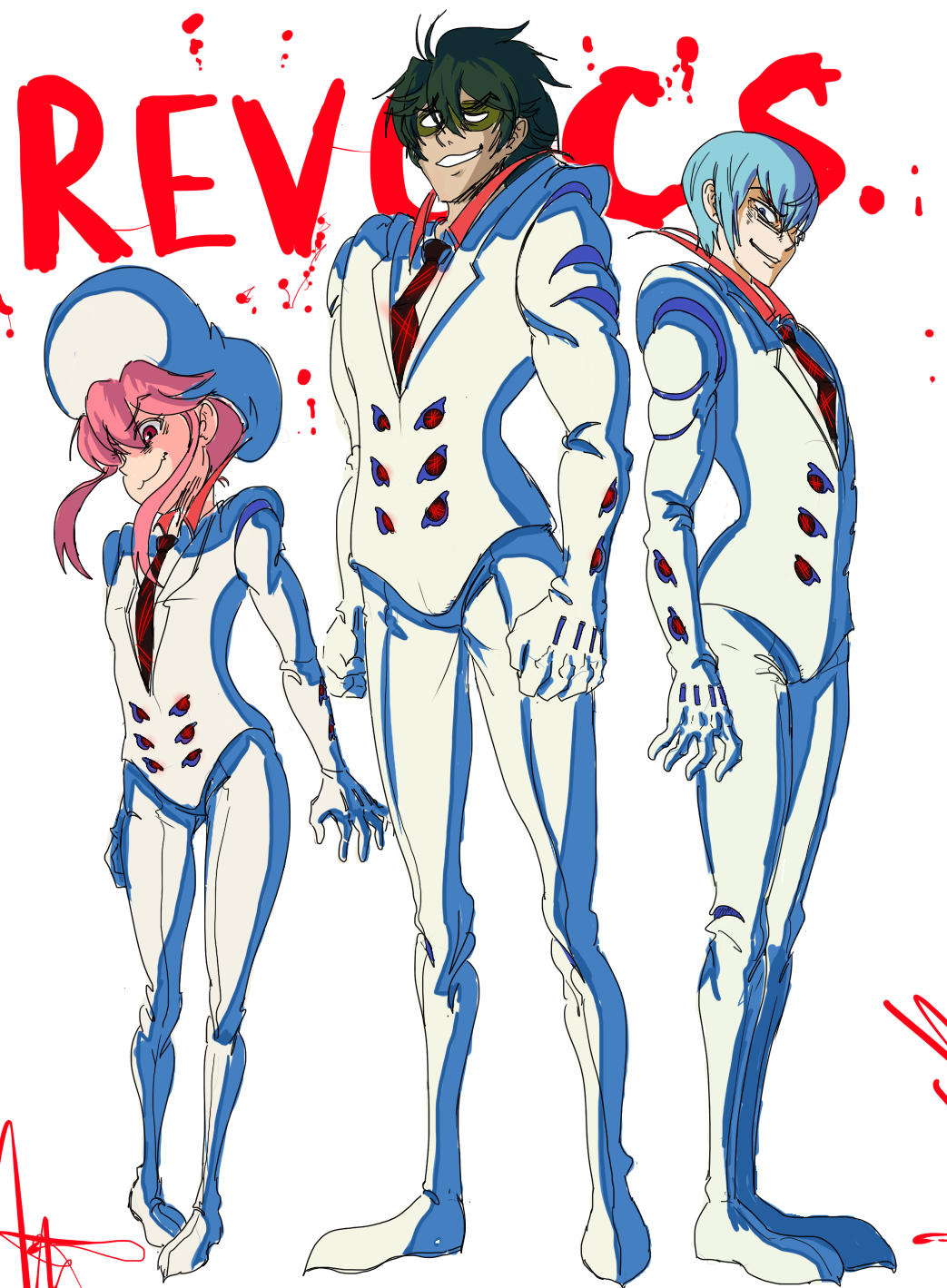 10s 1girl 2boys alternate_costume bad_end blue_eyes blue_hair covers formal_clothes full_body glass gloves green_hair hat highres inumuta_houka jakuzure_nonon kill_la_kill living_clothes mask mike_angel multiple_boys necktie pink_eyes pink_hair sanageyama_uzu suit white_gloves