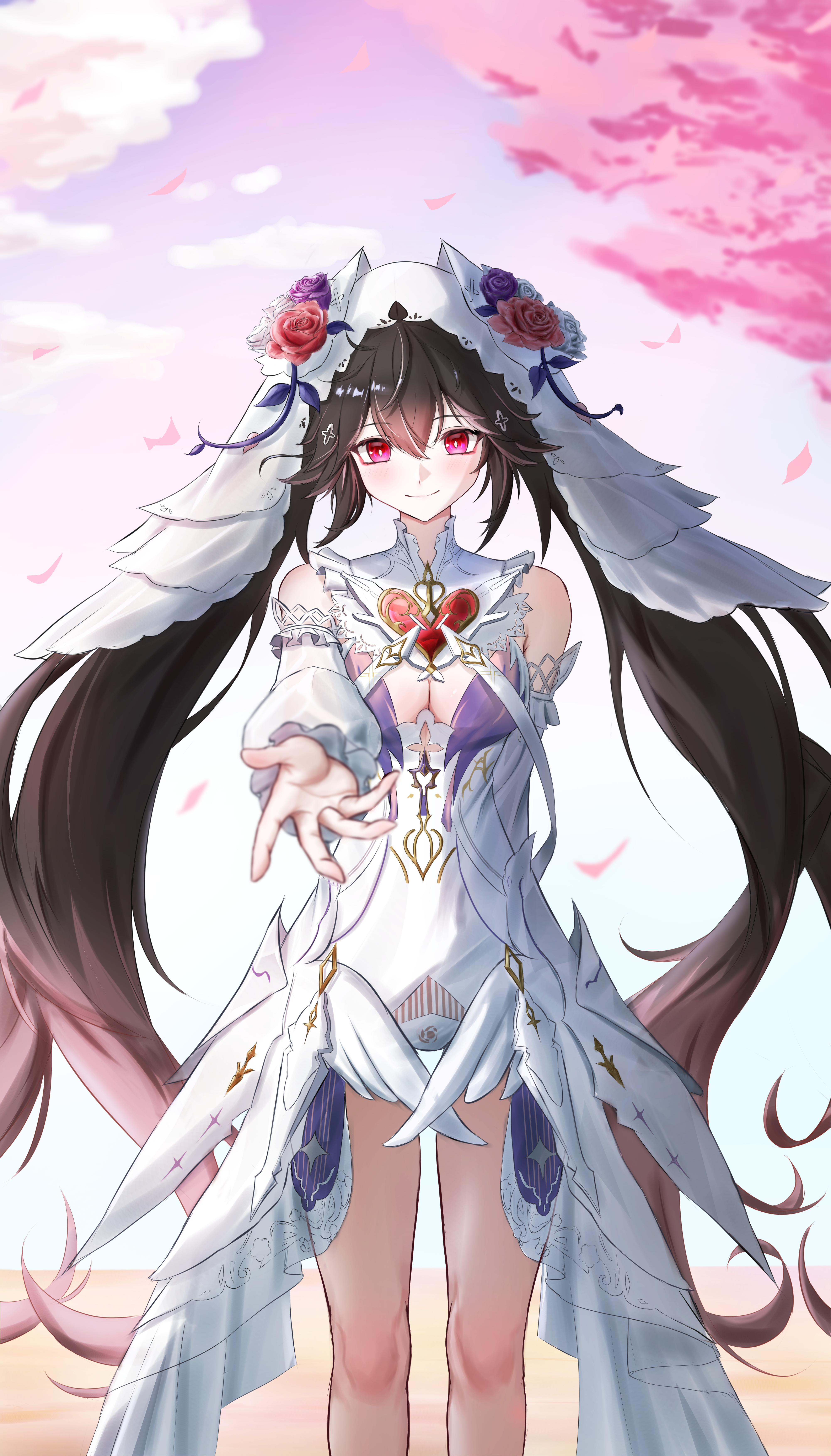 1girl absurdres black_hair breasts cleavage cross_hair_ornament dress flower flower_on_head hair_between_eyes hair_ornament heart-shaped_gem highres long_hair looking_at_viewer lucia:_pyroath_(wedding_dress)_(pgr) lucia_(pgr) offering_hand official_alternate_costume punishing:_gray_raven red_eyes smodo2132 solo twintails very_long_hair wedding_dress white_dress winged_headwear