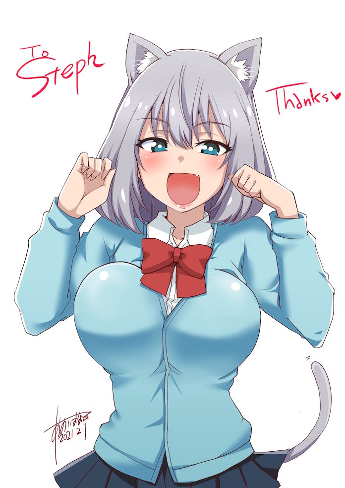 1girl animal_ears aoi_manabu arms_up blue_eyes blush bow bowtie breasts cat_ears cat_tail grey_hair large_breasts medium_hair open_mouth school_uniform skirt solo sweater tail tejina_senpai tejina_senpai_(series) upper_body white_background