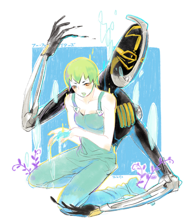 2girls dual_persona foo_fighters_(jojo) foo_fighters_(stand) green_hair hatoyama_itsuru jojo_no_kimyou_na_bouken multiple_girls overalls short_hair skeleton stand_(jojo) stone_ocean water