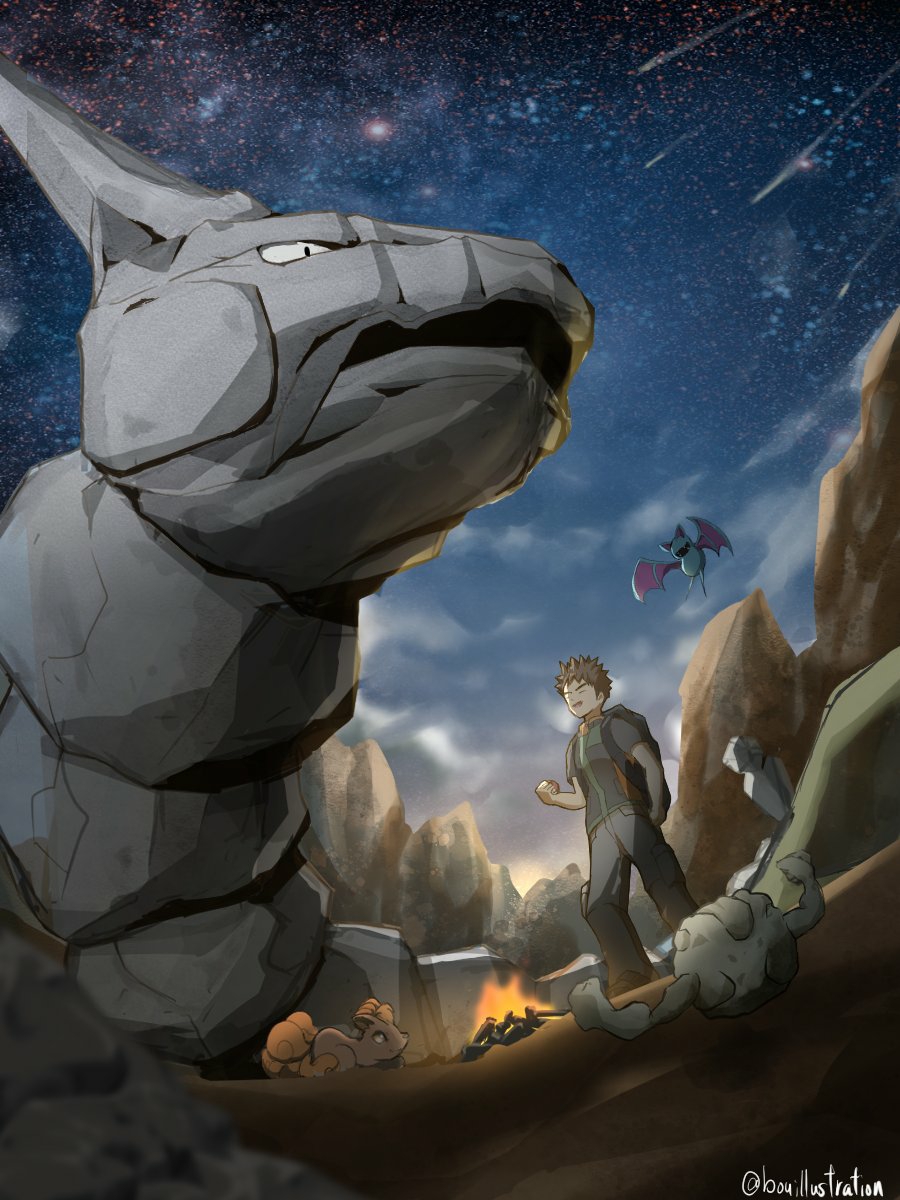 1boy backpack bag bo_(bouillustration) brock_(pokemon) brown_hair campfire clenched_hand closed_eyes commentary_request fire game_freak gen_1_pokemon geodude highres male_focus night nintendo onix open_mouth outdoors pants pokemon pokemon_(creature) pokemon_lgpe shirt short_hair short_sleeves sky spiked_hair standing star_(sky) vest vulpix zubat