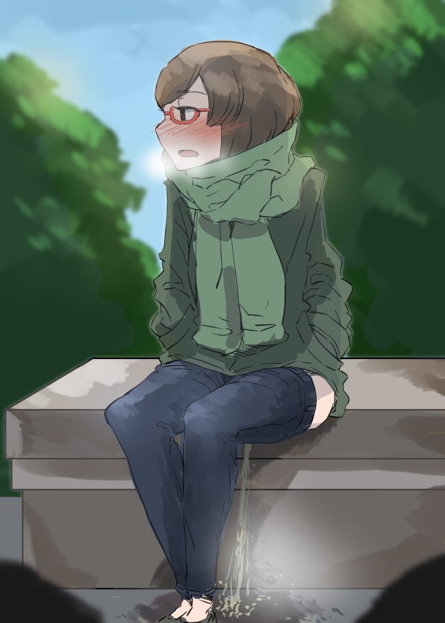 1girl bench blush brown_hair clothes_pull hagaa heavy_breathing original outdoors pants pants_pull peeing public_indecency sitting solo stealth_peeing steam