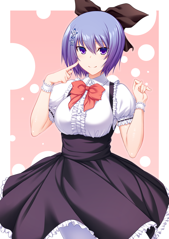 1girl black_bow black_skirt blue_eyes blue_hair blush bow center_frills closed_mouth collar collared_shirt commentary_request commission cowboy_shot finger_to_cheek flower frilled_collar frilled_cuffs frilled_skirt frilled_sleeves frills hair_between_eyes hair_bow hair_flower hair_ornament hands_up happy high-waist_skirt ikki_(tue_sein_bestes) index_finger_raised long_skirt maji_de_watashi_ni_koi_shinasai! pink_background puffy_short_sleeves puffy_sleeves red_bow sailor_collar shiina_miyako shirt short_hair short_sleeves simple_background skeb_commission skirt smile solo white_sailor_collar white_shirt