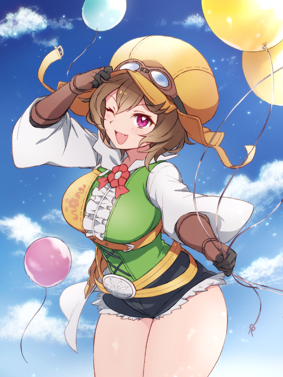 1girl ;d balloon blue_sky brown_hair cloud commentary cowboy_shot dragalia_lost ekra fang francesca_(dragalia_lost) gloves goggles goggles_on_headwear hat highres holding holding_balloon long_sleeves looking_at_viewer one_eye_closed open_mouth pink_eyes short_hair short_shorts shorts skin_fang sky smile solo symbol-only_commentary thick_thighs thighs