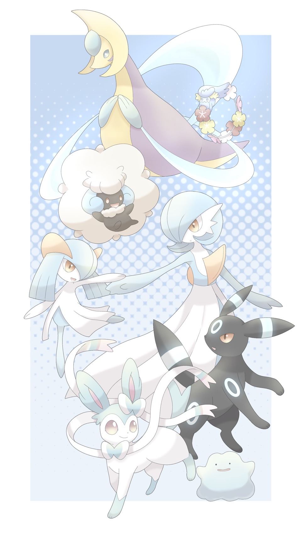 alternate_color black_fur blue_background blue_fur blue_hair blue_skin bob_cut bow bowtie colored_skin comfey cresselia ditto dress flower flower_wreath gardevoir gen_1_pokemon gen_2_pokemon gen_3_pokemon gen_4_pokemon gen_5_pokemon gen_6_pokemon gen_7_pokemon h_k225 highres kirlia legendary_pokemon multicolored_fur multicolored_skin nintendo orange_eyes pokemon pokemon_(creature) shiny_pokemon smile sylveon two-tone_skin umbreon whimsicott white_dress white_skin yellow_eyes