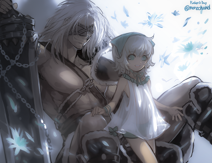 1boy 1girl blue_eyes closed_mouth dress eyepatch father&#039;s_day father_and_daughter flower moreshan muscular nier nier_(father) nier_(series) revision see-through_clothes short_hair simple_background smile sword weapon white_background white_dress white_hair yonah