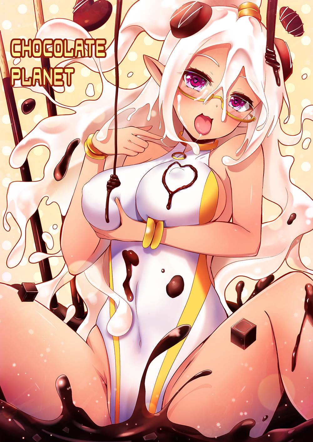 1girl akine_(kuroyuri) bangle bemani bracelet breast_hold breasts candy chocolate chocolate_heart chocolate_on_body chocolate_on_breasts chocolate_on_clothes chocolate_on_face chocopla-chan covered_erect_nipples covered_navel food food_on_body food_on_face glasses hair_between_eyes halftone halftone_background heart heart-shaped_pupils highres holding jewelry large_breasts long_hair looking_at_viewer one-piece_swimsuit pink_eyes pocky pointy_ears sound_voltex swimsuit symbol-shaped_pupils tagme tongue tongue_out white_chocolate white_hair white_one-piece_swimsuit yellow_background
