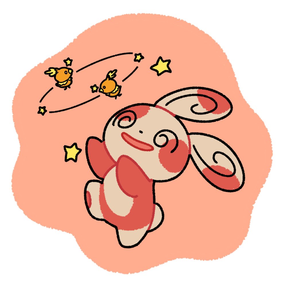 @_@ animal_focus animal_hands bird chicken dizzy full_body game_freak gen_3_pokemon nintendo no_humans nose_poke000 orange_feathers pokemon pokemon_(creature) pokemon_focus red_fur simple_background solo_focus spinda standing star_(symbol) torchic white_background yellow_fur