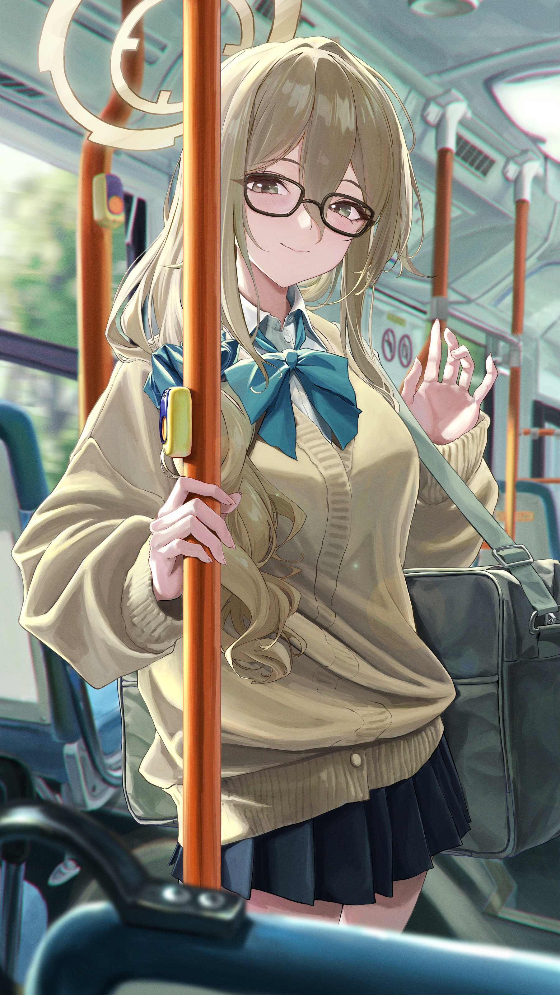 1girl absurdres akane_(blue_archive) akane_(school_uniform)_(blue_archive) bag black_bag black_skirt blue_archive blue_bow blue_bowtie blue_scrunchie bocchi_(kuropom7) bow bowtie brown_cardigan brown_eyes brown_hair bus_interior cardigan closed_mouth commentary_request hair_ornament hair_scrunchie hand_up highres long_hair long_sleeves looking_at_viewer miniskirt official_alternate_costume official_alternate_hairstyle pleated_skirt revision school_bag school_uniform scrunchie shoulder_bag skirt smile waving