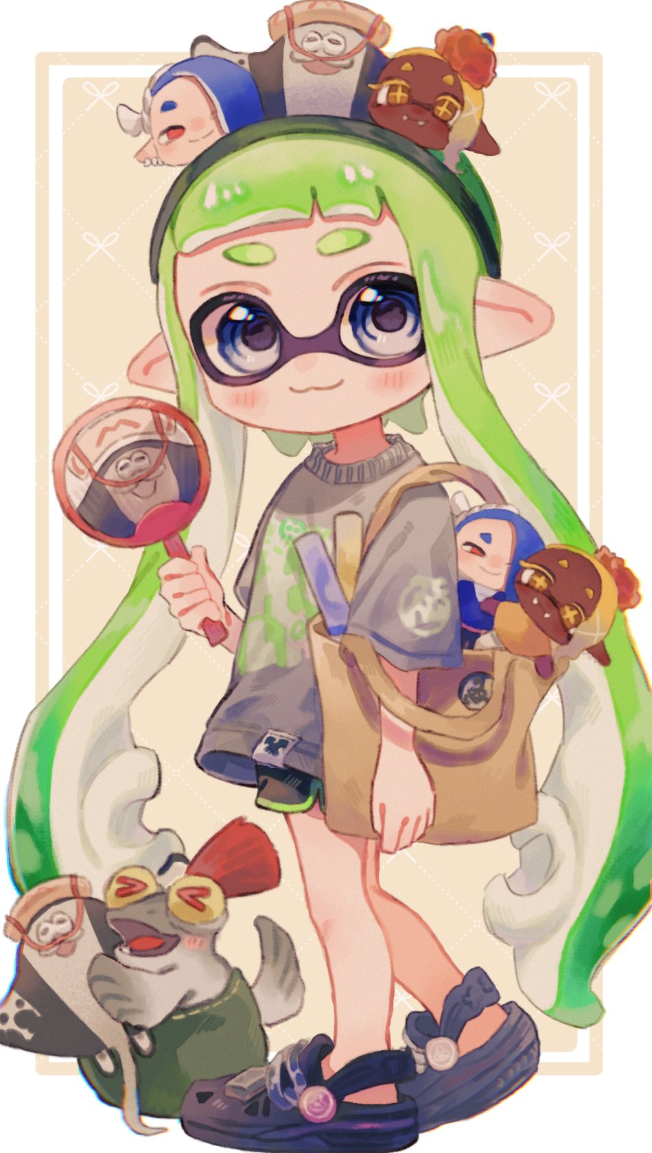 1girl bag big_man_(splatoon) black_shorts blue_eyes blue_footwear blush brown_bag character_doll character_hair_ornament closed_mouth commentary_request crocs dolphin_shorts frye_(splatoon) full_body glowstick green_hair green_hairband grey_shirt hair_ornament hairband hand_fan highres holding holding_fan inkling inkling_girl inkling_player_character long_hair nintendo ochocho2828 otaku paper_fan pointy_ears print_shirt salmonid shirt shiver_(splatoon) short_sleeves shorts shoulder_bag smallfry_(splatoon) smile solo splatoon_(series) splatoon_3 standing t-shirt tentacle_hair twintails uchiwa very_long_hair