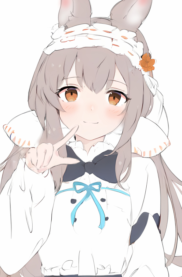 1girl animal_ears arknights black_bow black_bowtie blue_ribbon blush bow bowtie brown_hair closed_mouth commentary hairband hand_up index_finger_raised long_hair long_sleeves orange_eyes raifu_(rf) ribbon shirt simple_background smile solo split_mouth unfinished upper_body warmy_(arknights) white_background white_hairband white_shirt