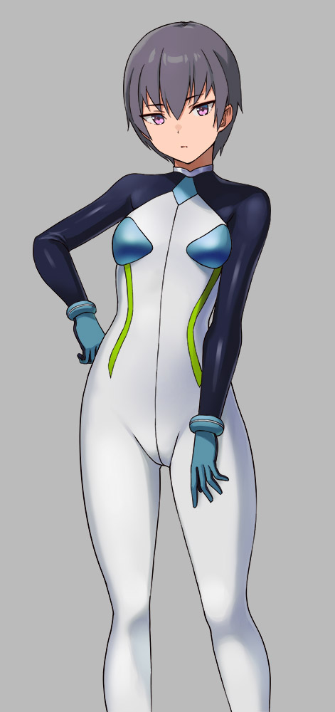 1girl bodysuit breasts closed_mouth commentary_request expressionless grey_background hand_on_own_hip hashi looking_at_viewer mecha_pilot_suit original paid_reward_available purple_eyes purple_hair short_hair simple_background skin_tight small_breasts solo standing