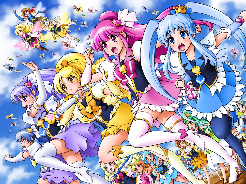 10s 6+girls :o aino_megumi arm_warmers black_legwear blonde_hair blonde_haired_cure_(bomber_girls_precure)_(happinesscharge_precure!) blue_hair blue_skirt boots bow bowtie brooch cowboy_hat crown cure_art cure_fortune cure_honey cure_lovely cure_nile cure_princess cure_sunset cure_tender cure_wave drill_hair extra flying glasses gold_crown green_hair green_haired_cure_(wonderful_net_precure)_(happinesscharge_precure!) grey_haired_cure_(bomber_girls_precure)_(happinesscharge_precure!) hair_bow hair_ornament hair_ribbon happinesscharge_precure! hat heart heart_brooch heart_hair_ornament high_ponytail hikawa_iona hikawa_maria jewelry long_hair magical_girl mattsua mini_crown multiple_girls necktie ohana_(happinesscharge_precure!) oomori_yuuko open_mouth orange_hair orange_haired_cure_(wonderful_net_precure)_(happinesscharge_precure!) orina_(happinesscharge_precure!) pink_bow pink_eyes pink_hair pink_skirt ponytail precure purple_eyes purple_hair purple_skirt red_hair red_haired_cure_(bomber_girls_precure)_(happinesscharge_precure!) ribbon running shirayuki_hime skirt sky thigh_boots thighhighs twintails wand white_hair white_legwear wide_ponytail wings wrist_cuffs yellow_eyes yellow_skirt
