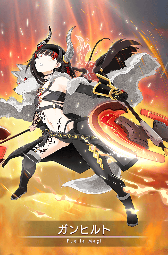 1girl asymmetrical_footwear asymmetrical_legwear axe bikini black_bikini black_boots black_hair black_pantyhose boots braid card_(medium) chest_belt clenched_teeth double-sided_axe dual_wielding embers fake_horns fighting_stance fire full_body game_cg gem gunhild_(madoka_magica) highleg highleg_bikini holding holding_axe horns knee_boots leg_tattoo legs_apart long_hair looking_at_viewer magia_record:_mahou_shoujo_madoka_magica_gaiden mahou_shoujo_madoka_magica masu_gitsune mismatched_legwear multicolored_hair multiple_braids navel official_art orange_eyes outline ox_horns pantyhose pelt red_gemstone red_hair single_knee_boot single_leg_pantyhose solo stomach stomach_tattoo streaked_hair swimsuit tattoo teeth white_horns white_outline