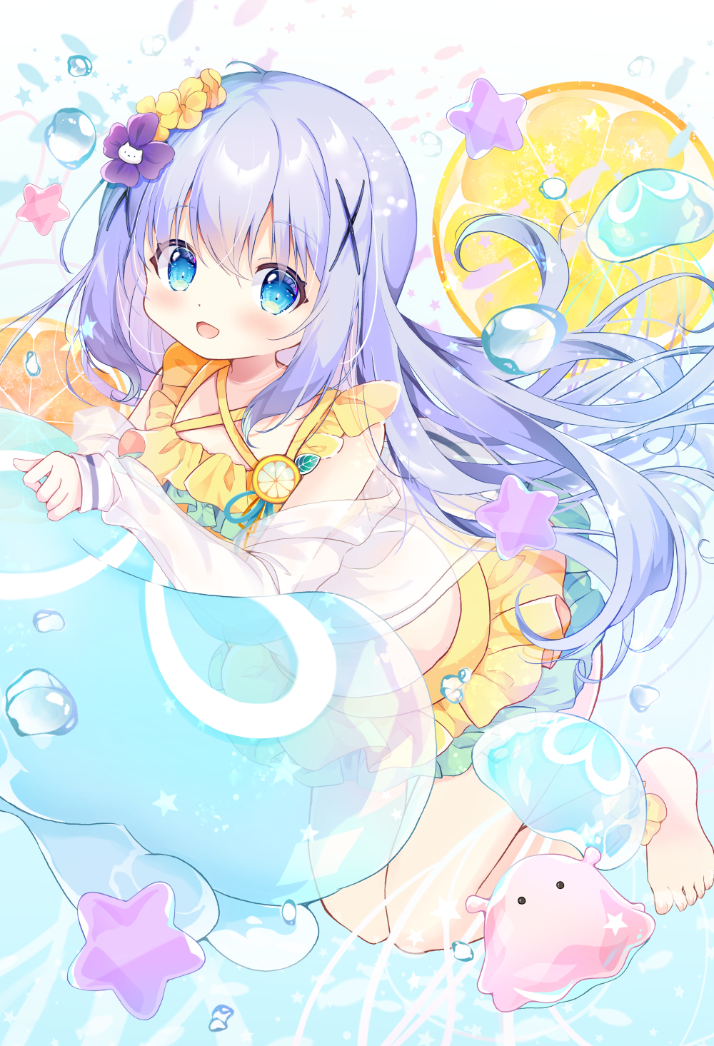 1girl bikini blue_eyes blue_hair blush breasts bubble child flower fukaya_rin gochuumon_wa_usagi_desu_ka? hair_between_eyes hair_flower hair_ornament highres jacket kafuu_chino long_hair looking_at_viewer one-piece_swimsuit open_clothes open_jacket open_mouth see-through_clothes see-through_jacket smile stomach swimsuit very_long_hair water white_jacket x_hair_ornament yellow_bikini