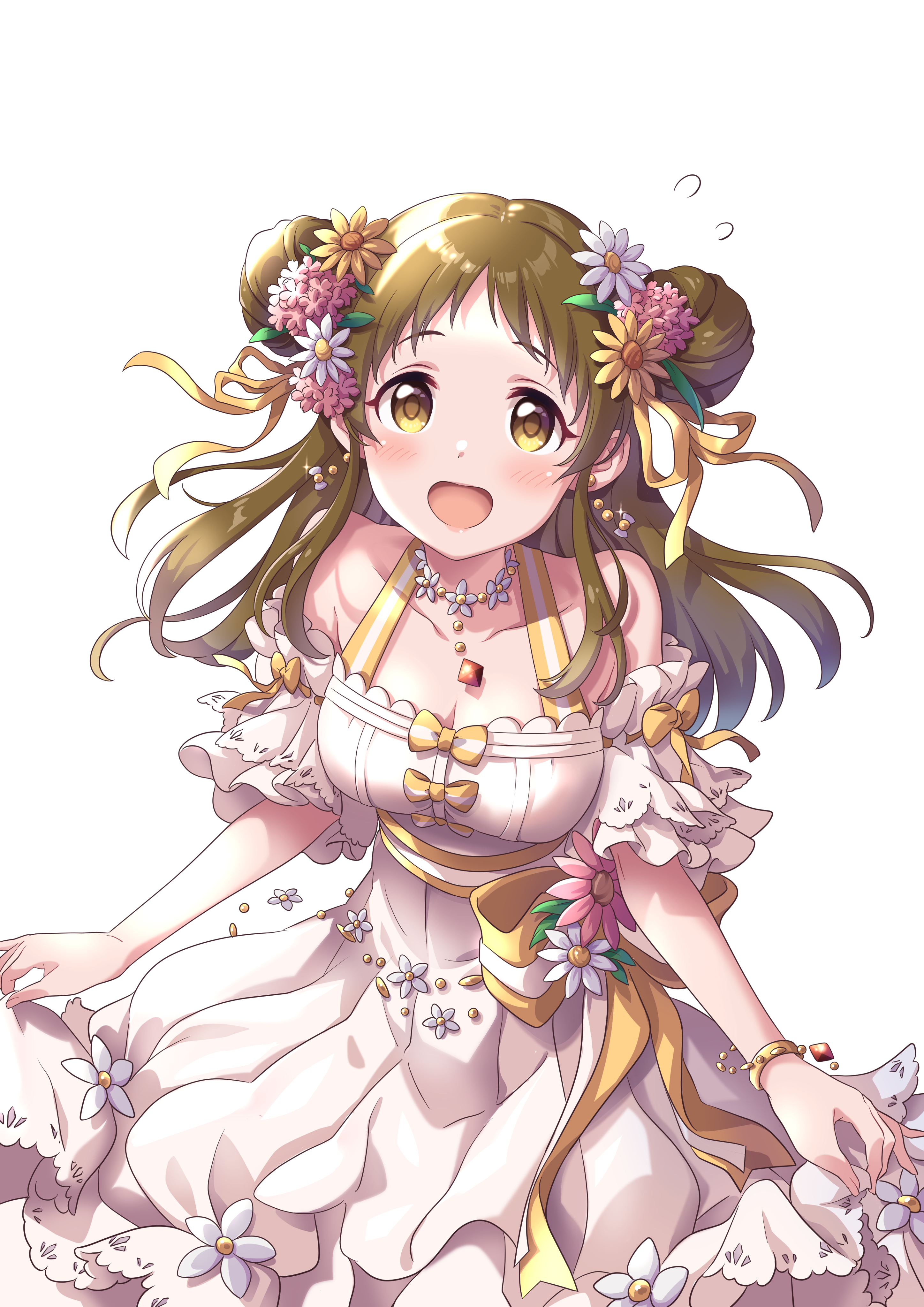 1girl absurdres bare_shoulders bow bowtie bracelet breasts brown_eyes brown_hair cleavage detached_sleeves double_bun dress flower flower_necklace hair_bun hair_flower hair_ornament highres jewelry medium_breasts necklace open_mouth parted_bangs princess_connect! sidelocks simple_background smile solo suzume_(princess_connect!) suzume_(spring)_(princess_connect!) tsukachii white_background white_dress yellow_bow yellow_bowtie