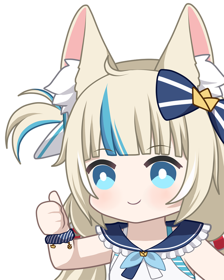 1girl ahoge animal_ear_fluff animal_ears blonde_hair blue_bow blue_eyes blue_hair blue_sailor_collar bow bright_pupils cat_ears chibi closed_mouth commentary hair_bow indie_virtual_youtuber long_hair multicolored_hair sailor_collar sameko_saba smile solo streaked_hair thumbs_up upper_body virtual_youtuber white_pupils zephylyne