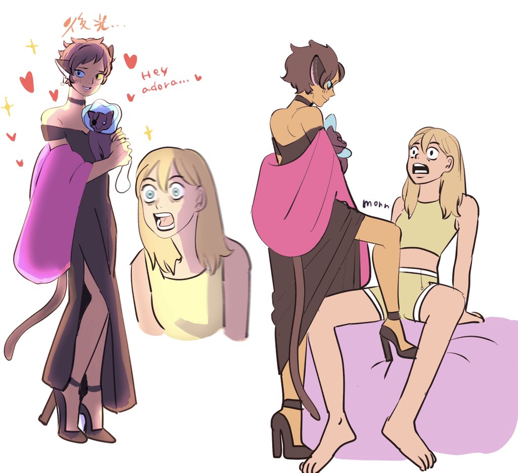 2girls adora_(she-ra) animal_ears blonde_hair cat_ears cat_girl cat_tail catra couple dress high_heels long_hair masters_of_the_universe multiple_girls she-ra_and_the_princesses_of_power shirt short_hair tail underwear yuri