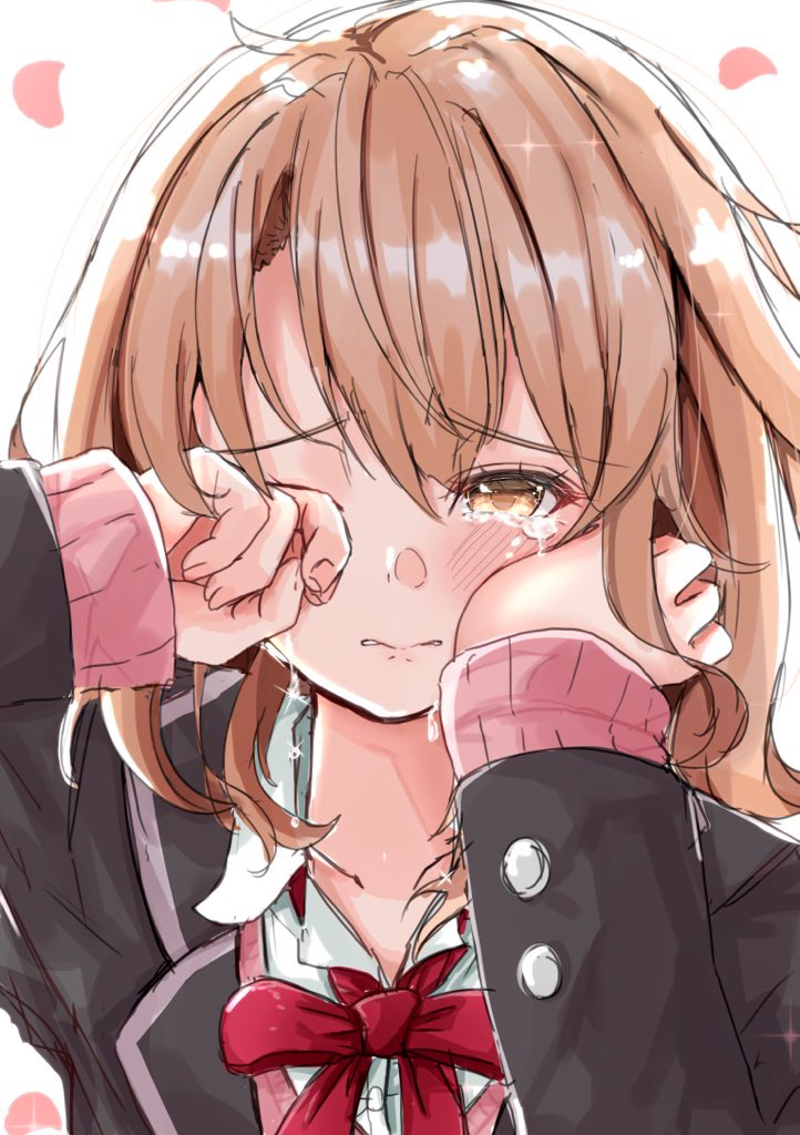 1girl ayachanman black_jacket blazer blonde_hair blush cardigan crying crying_with_eyes_open falling_petals isshiki_iroha jacket long_sleeves medium_hair panties petals pink_cardigan red_ribbon ribbon school_uniform simple_background sobu_high_school_uniform solo tears underwear upper_body white_background winter_uniform wiping_tears yahari_ore_no_seishun_lovecome_wa_machigatteiru. yellow_eyes yellow_panties