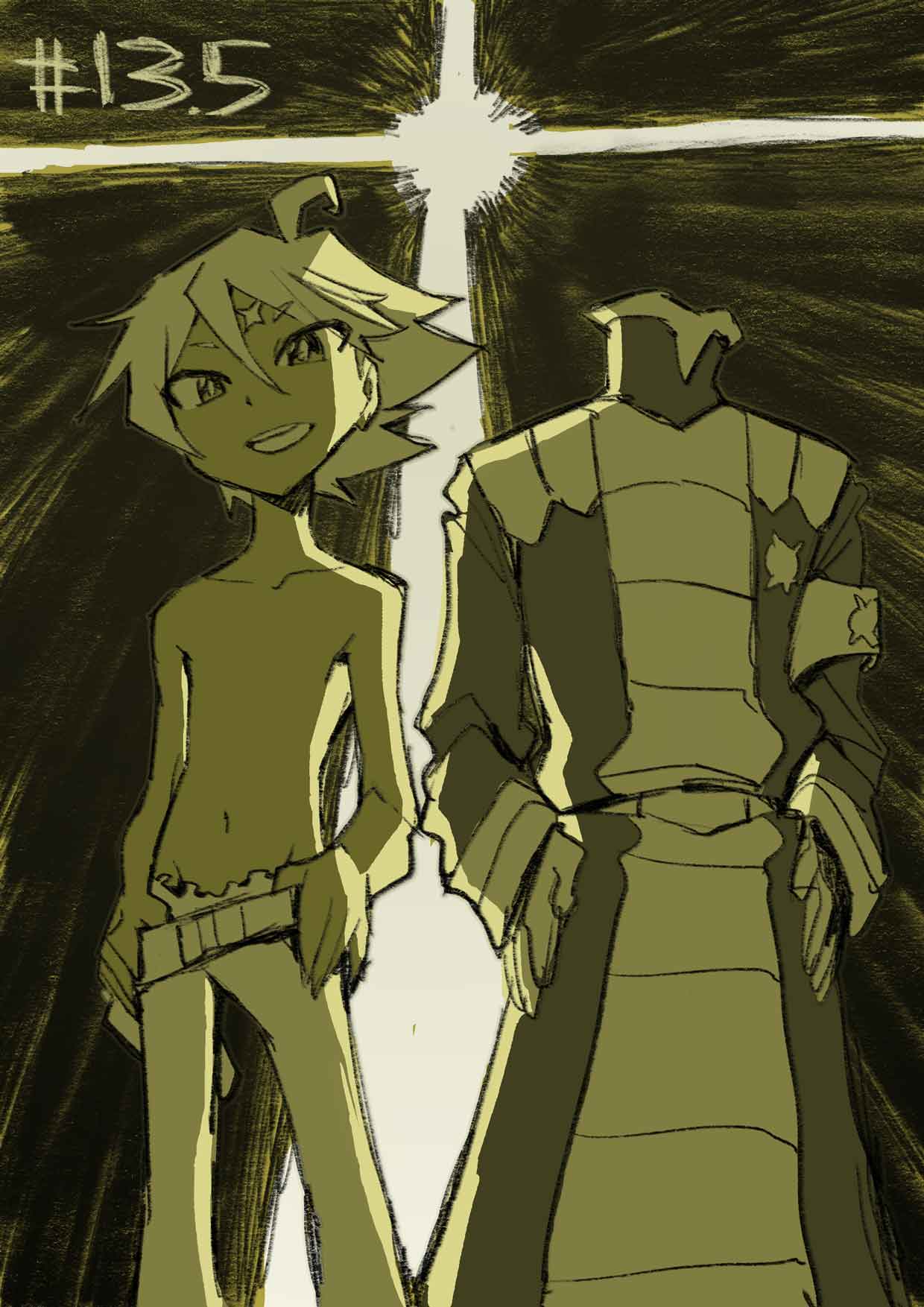 10s 2boys alpha_omega_nova armband belt blackholian bodysuit hands_on_own_hips headless highres imaishi_hiroyuki male_focus monochrome multiple_boys official_art scar simple_background smile spoilers torn_clothes uchuu_patrol_luluco yellow_background