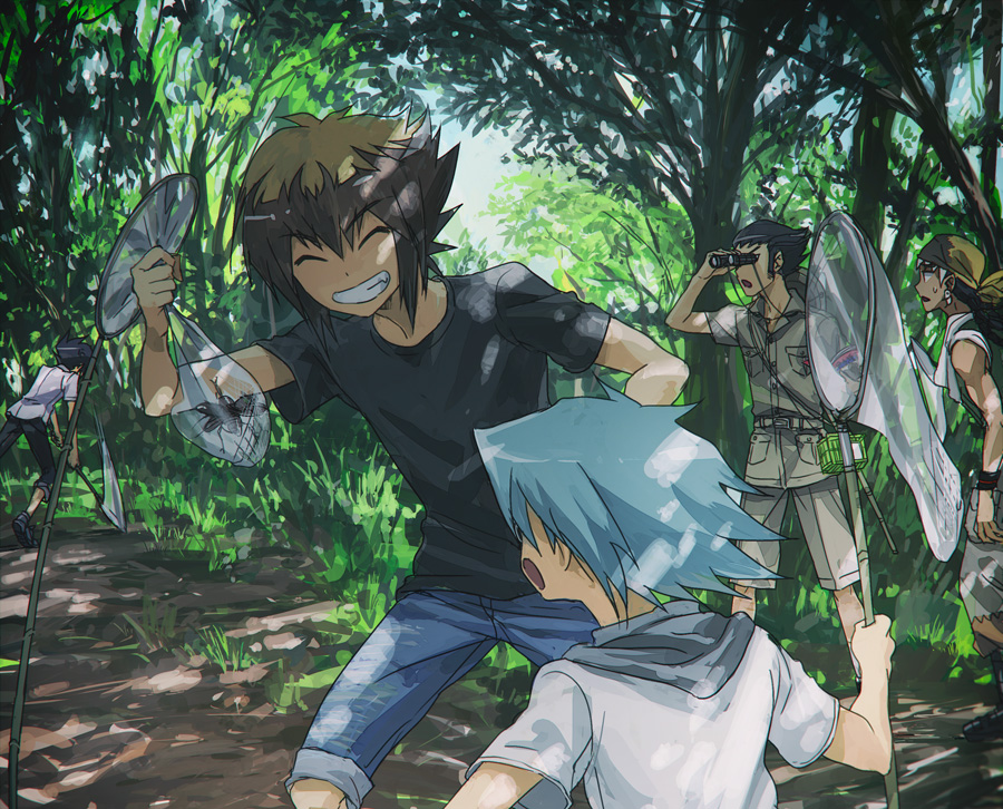 5boys bag binoculars black_footwear black_hair black_pants black_shirt branch brown_hair bug closed_eyes dappled_sunlight denim dirt_road dress_shirt facing_to_the_side facing_viewer grass green_pants green_shirt grey_pants hands_on_own_hips holding holding_bag holding_binoculars jeans leaf looking_at_another looking_through_scope manjoume_jun marufuji_sho misawa_daichi moribuden multiple_boys pants road shirt sleeves_rolled_up smile sunlight tree tyranno_kenzan white_shirt yu-gi-oh! yu-gi-oh!_gx yuki_judai