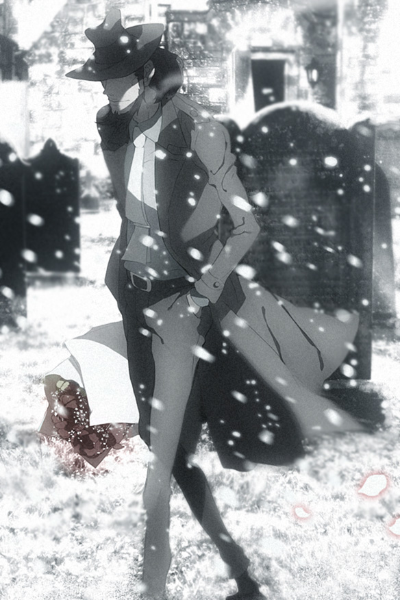 1boy beard belt black_hair bouquet facial_hair faddawdle flower formal_clothes hands_in_pockets hat hat_over_eyes jigen_daisuke lupin_iii male_focus monochrome necktie outdoors snow solo spot_color square-end_necktie suit tms_entertainment walking