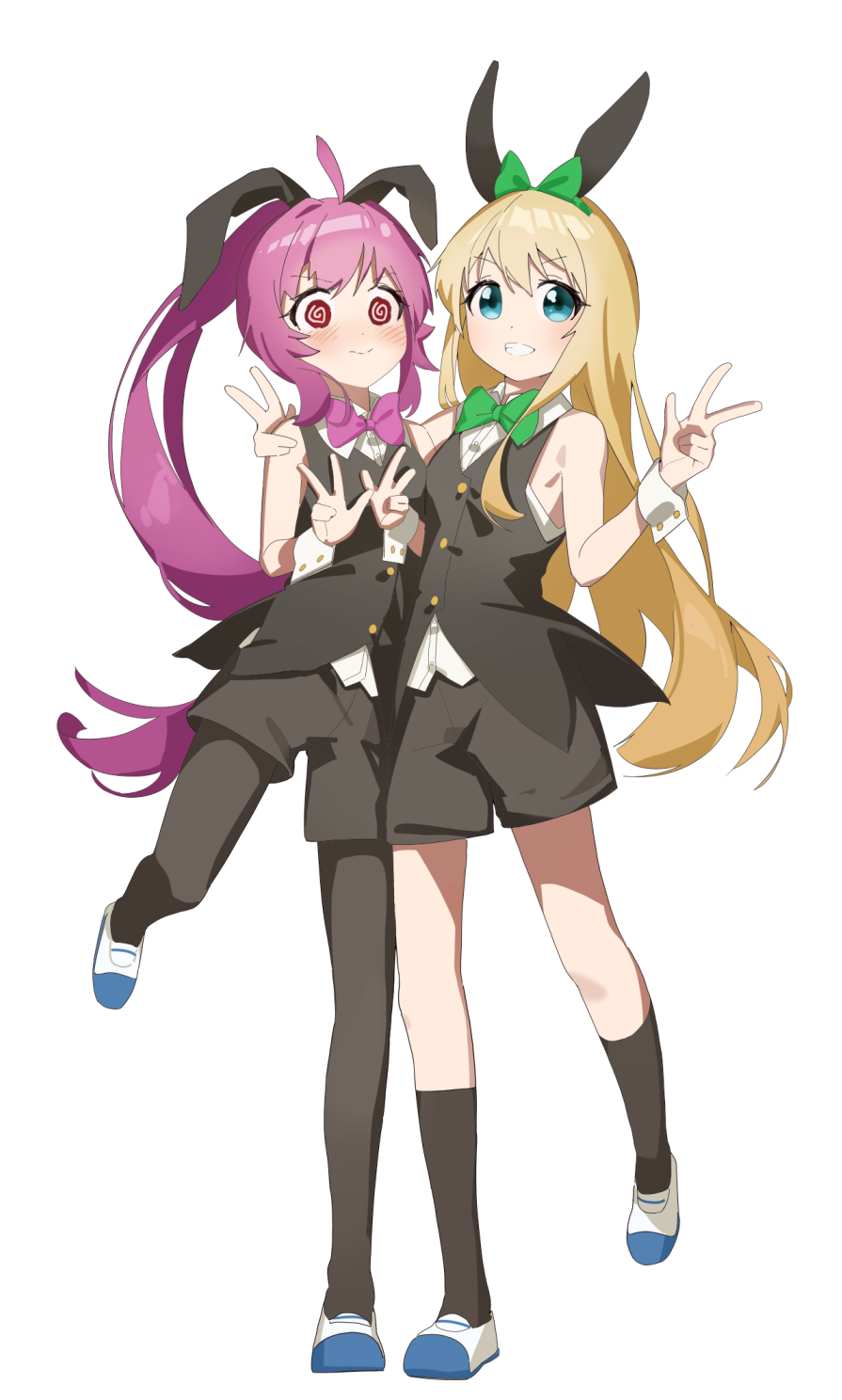 2girls @_@ ahoge animal_ears black_pantyhose black_shorts black_socks black_vest blonde_hair blue_eyes blush bow bowtie breasts buttons closed_mouth collared_shirt commentary double_v embarrassed fake_animal_ears full_body green_bow green_bowtie hair_bow hair_intakes hair_ornament hand_on_another&#039;s_shoulder hands_up highres keibi_inu knees leg_up light_blush long_hair looking_at_viewer multiple_girls nontraditional_playboy_bunny pantyhose ponytail purple_bow purple_bowtie purple_eyes purple_hair rabbit_ears shirt shoes shorts simple_background sleeveless sleeveless_shirt small_breasts smile socks standing standing_on_one_leg sugiura_ayano teeth toshinou_kyouko uwabaki v v-shaped_eyebrows very_long_hair vest white_background white_shirt white_wrist_cuffs wrist_cuffs yuri yuru_yuri