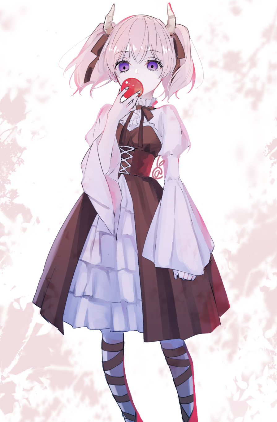 1girl aka_mikan apple brown_dress brown_ribbon commentary_request corset cross-laced_clothes cross-laced_corset demon_girl demon_horns dress eating expressionless feet_out_of_frame fingernails food fruit hair_ribbon hand_up highres holding holding_food holding_fruit horns linie_(sousou_no_frieren) long_sleeves looking_at_viewer pink_hair purple_eyes ribbon shirt short_hair solo sousou_no_frieren standing twintails white_shirt