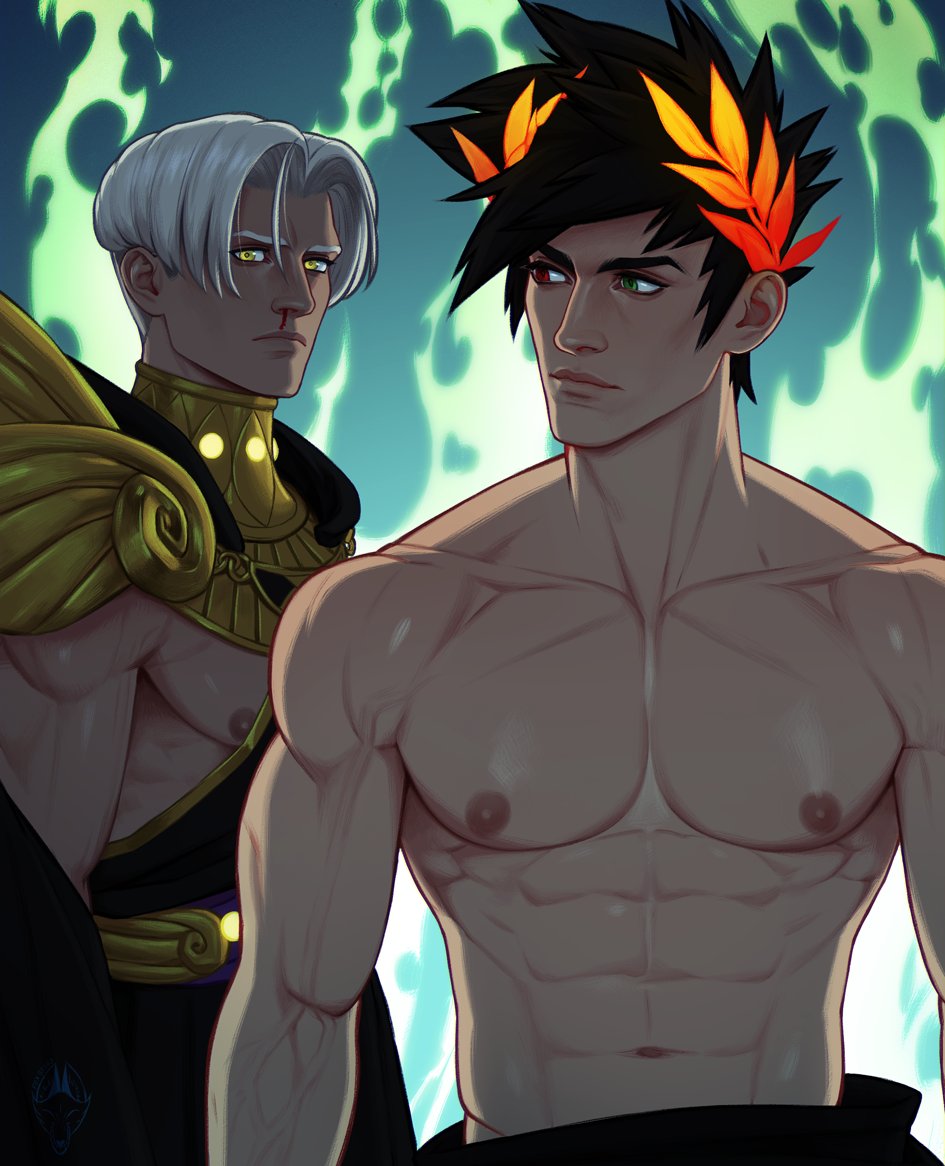 2boys ancient_greek_clothes bara black_hair blood fox_bravo greco-roman_clothes green_eyes grey_hair hades_(series) hades_1 heterochromia large_pectorals laurel_crown looking_at_another male_focus multiple_boys muscular muscular_male nosebleed pectorals red_eyes short_hair thanatos_(hades) topless_male yaoi yellow_eyes zagreus_(hades)
