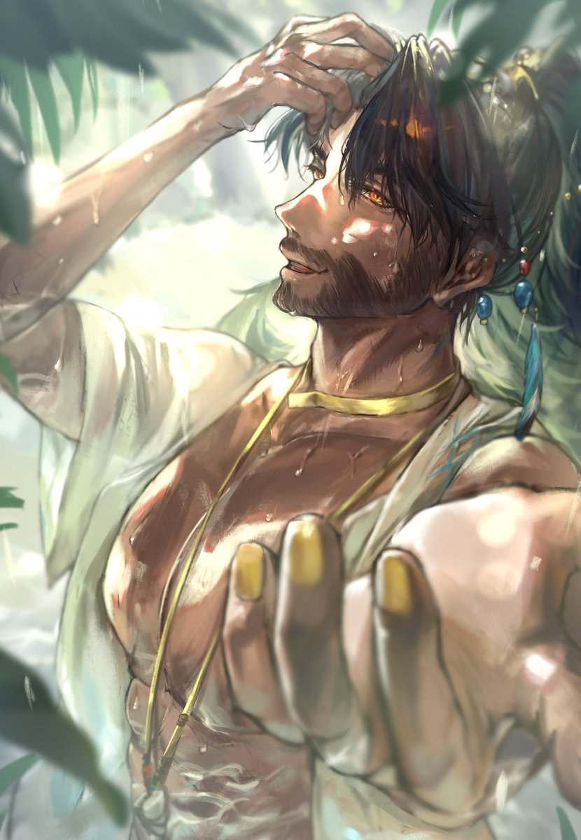 1boy amane_(rain_downpour) beard black_hair brown_eyes dark-skinned_male dark_skin facial_hair hand_on_own_head hand_up highres jewelry large_pectorals long_hair male_focus mature_male muscular muscular_male official_alternate_costume outstretched_arm outstretched_hand pectorals pendant plant profile rainforest reverse:1999 shamane shirt short_sleeves solo upper_body wet white_shirt yellow_nails
