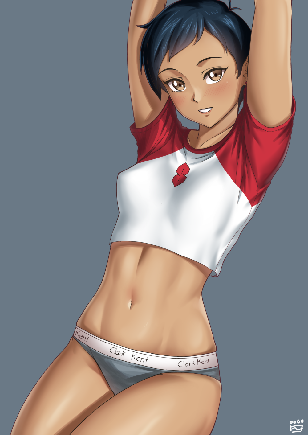 1girl arms_up black_hair blush breasts brown_eyes calvin_klein clothes_writing commentary_request cool_s dark-skinned_female dark_skin dc_comics earrings finalcake grey_panties highres jewelry lois_lane looking_at_viewer medium_breasts my_adventures_with_superman navel panties short_hair smile solo stud_earrings superman_(series) thighs tomboy underwear underwear_writing