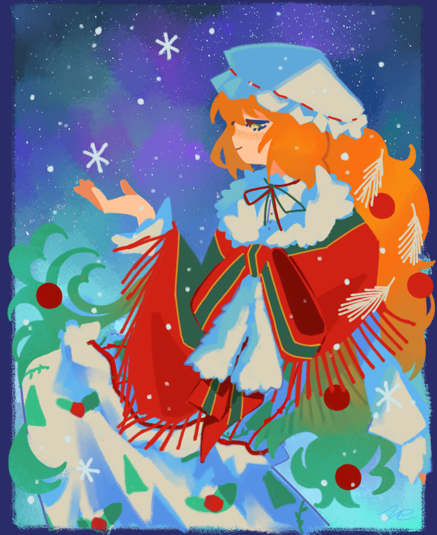 1girl blush bow capelet christmas_nightmare_(e.g.o) christmas_ornaments dress e.g.o_(project_moon) freckles fringe-trimmed_capelet fur-trimmed_capelet fur_trim green_eyes hand_up hat ishmael_(project_moon) kellllerrs limbus_company long_dress long_hair looking_down mob_cap neck_ribbon orange_hair print_dress project_moon ribbon ribbon-trimmed_hat sitting sky smile snow solo star_(sky) starry_sky very_long_hair white_dress white_hat