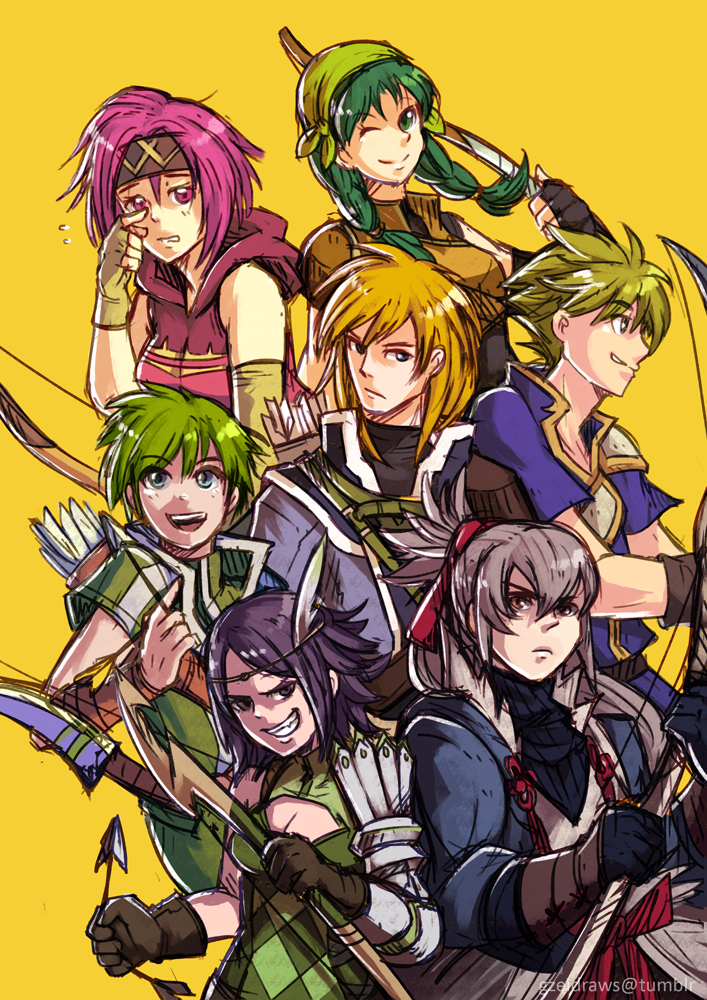 3girls 4boys arrow_(projectile) blue_eyes bow_(weapon) closed_eyes european_clothes fire_emblem fire_emblem:_mystery_of_the_emblem fire_emblem:_radiant_dawn fire_emblem:_the_binding_blade fire_emblem:_the_blazing_blade fire_emblem:_the_sacred_stones fire_emblem_awakening fire_emblem_fates frown gordin_(fire_emblem) green_hair gzei holding holding_weapon leonardo_(fire_emblem) long_hair multiple_boys multiple_girls neimi_(fire_emblem) nintendo noire_(fire_emblem) rebecca_(fire_emblem) smile takumi_(fire_emblem) weapon wolt_(fire_emblem)