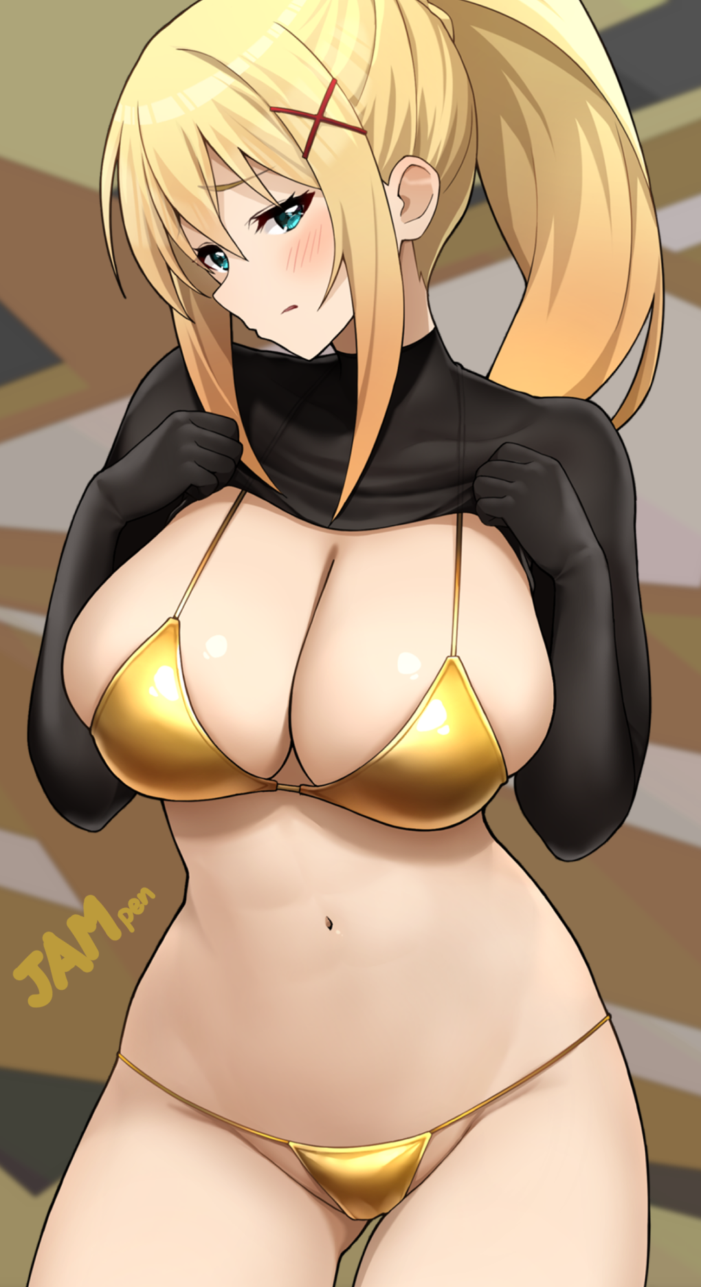 1girl bikini black_shirt blonde_hair blush breasts cleavage clothes_lift commentary_request darkness_(konosuba) embarrassed gold_bikini hair_between_eyes hair_ornament highres jampen kono_subarashii_sekai_ni_shukufuku_wo! large_breasts long_hair looking_at_viewer navel ponytail shirt shirt_lift sidelocks solo standing swimsuit x_hair_ornament