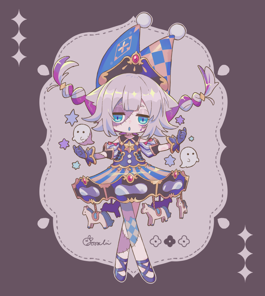 1girl :o bare_shoulders blue_dress blue_eyes blue_gloves blue_hat blue_shoes braid brown_background carousel clothing_cutout commentary_request dress floating_hair full_body gloves grey_hair hat jester_cap looking_at_viewer multicolored_hair open_mouth original patchwork_skin purple_hair shoes short_hair short_sleeves shoulder_cutout signature solo sorata123 standing twin_braids two-tone_hair
