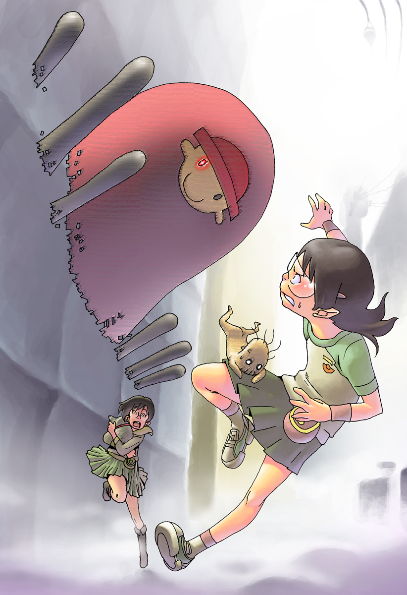 2girls :o animal augmented_reality black_hair brown_hair dennou_coil densuke_(dennou_coil) dog glasses glowing glowing_eye green_skirt grey_skirt hashimoto_fumie highres holding holding_animal holding_dog honzawa_yuuichirou medium_hair multiple_girls okonogi_yuuko outdoors oyaji_(dennou_coil) pouch running school_uniform searchmaton_(dennou_coil) shirt shoes short_hair skirt sneakers sweatdrop t-shirt wristband