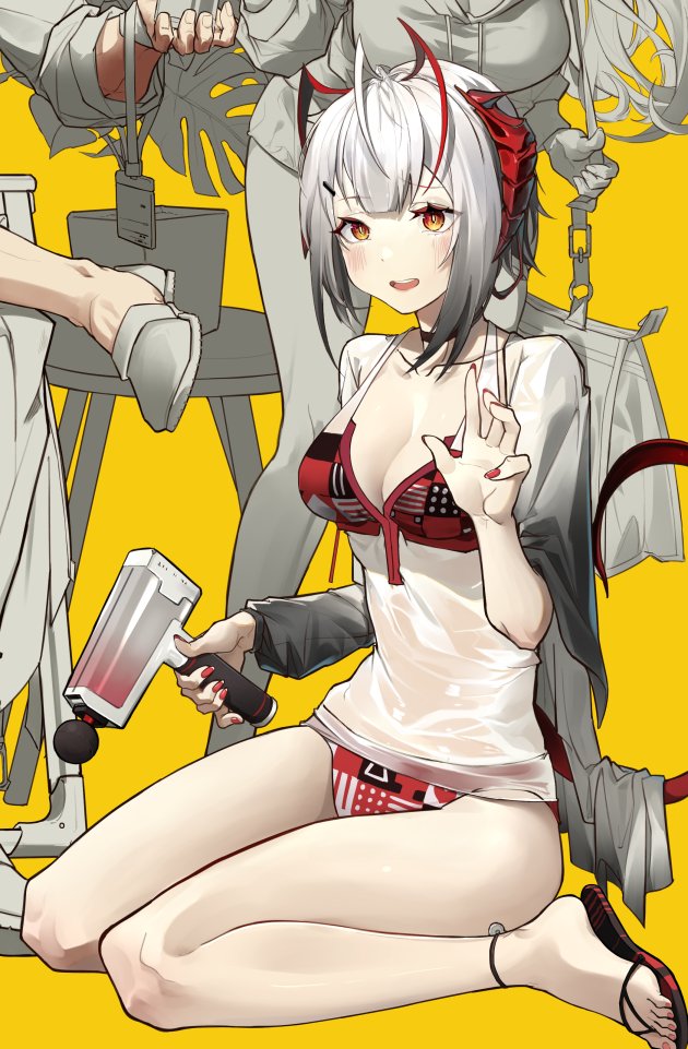 2girls antenna_hair arknights bikini blush breasts cleavage collarbone dpea9 gradient_hair grey_hair horns massager medium_breasts multicolored_hair multiple_girls nail_polish open_mouth orange_eyes red_bikini red_horns red_nails shirt short_hair sitting solo_focus swimsuit tail unfinished w_(arknights) wariza wet wet_clothes wet_shirt white_hair
