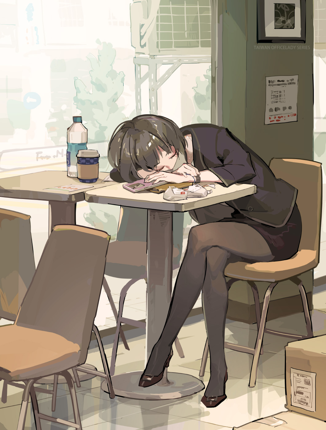 black_footwear black_hair black_jacket black_pantyhose black_skirt bottle cellphone chair chinese_commentary commentary_request crossed_legs cup disposable_cup high_heels highres jacket mixed-language_commentary office_lady office_lady_taiwan on_chair original pantyhose pencil_skirt phone short_hair sitting skirt sleeping smartphone table taiwan tennohi