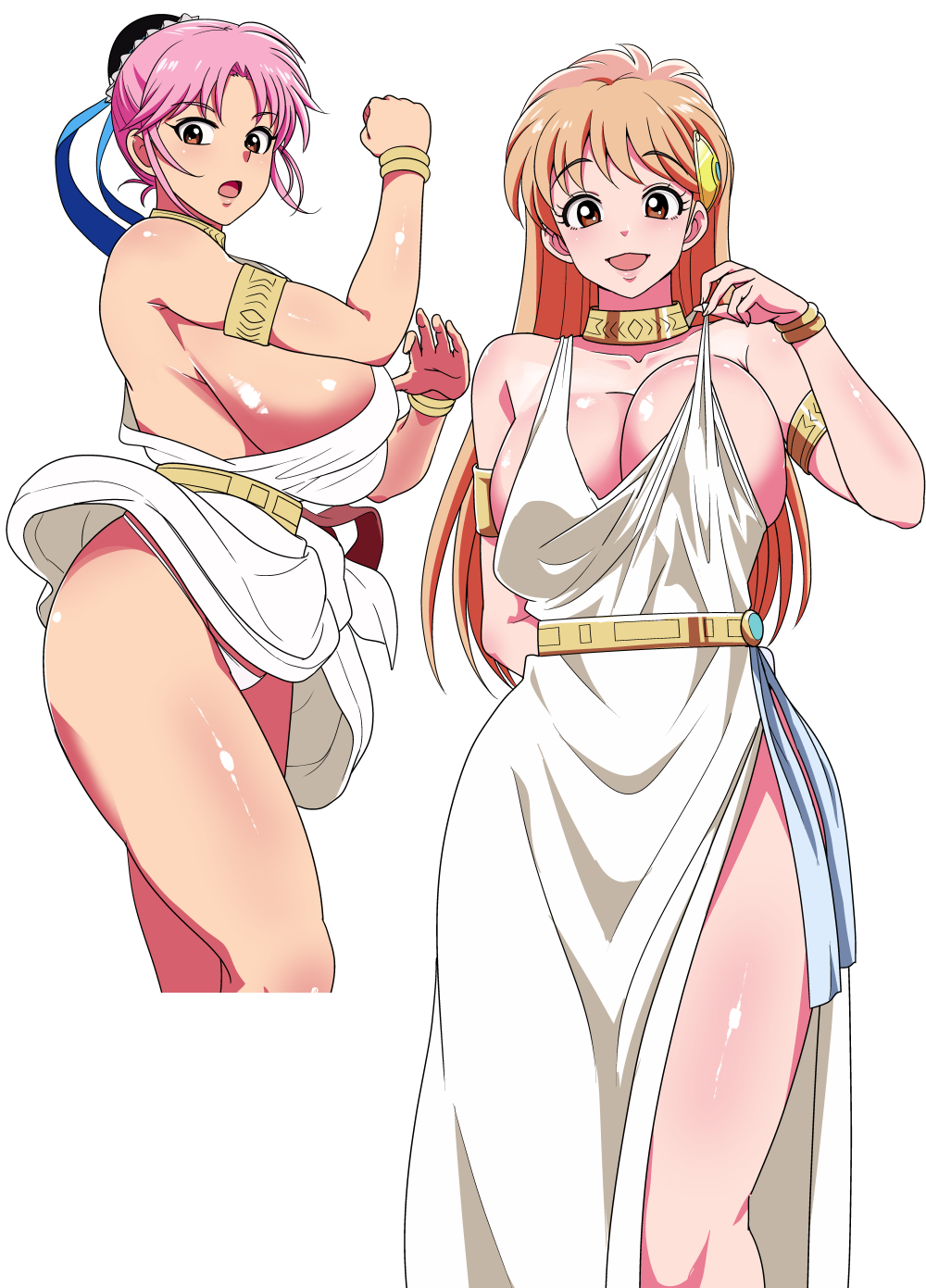 2girls armlet blonde_hair bracelet breasts brown_eyes cleavage collar dragon_quest dragon_quest_dai_no_daibouken highres jewelry large_breasts long_hair maam multiple_girls open_mouth osuwaani panties pink_hair princess_leona sideboob smile underwear white_panties