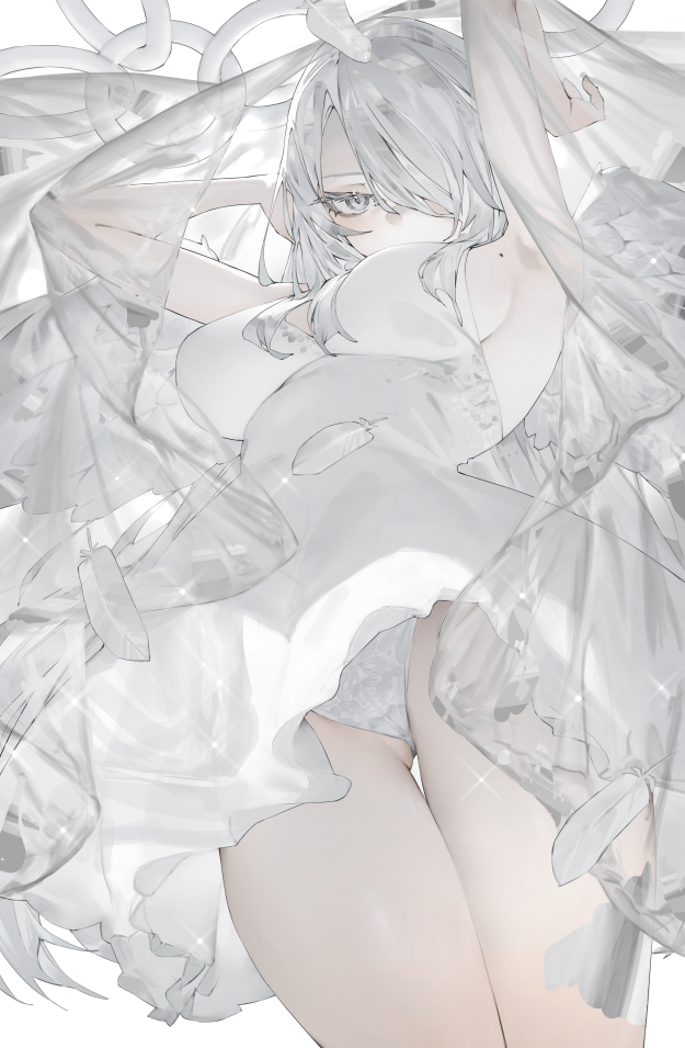 1girl angel_wings breasts chain cowboy_shot dress feathers hair_over_one_eye large_breasts mi8pq original panties short_hair simple_background solo underwear white_background white_dress white_eyes white_feathers white_hair white_panties white_wings wings