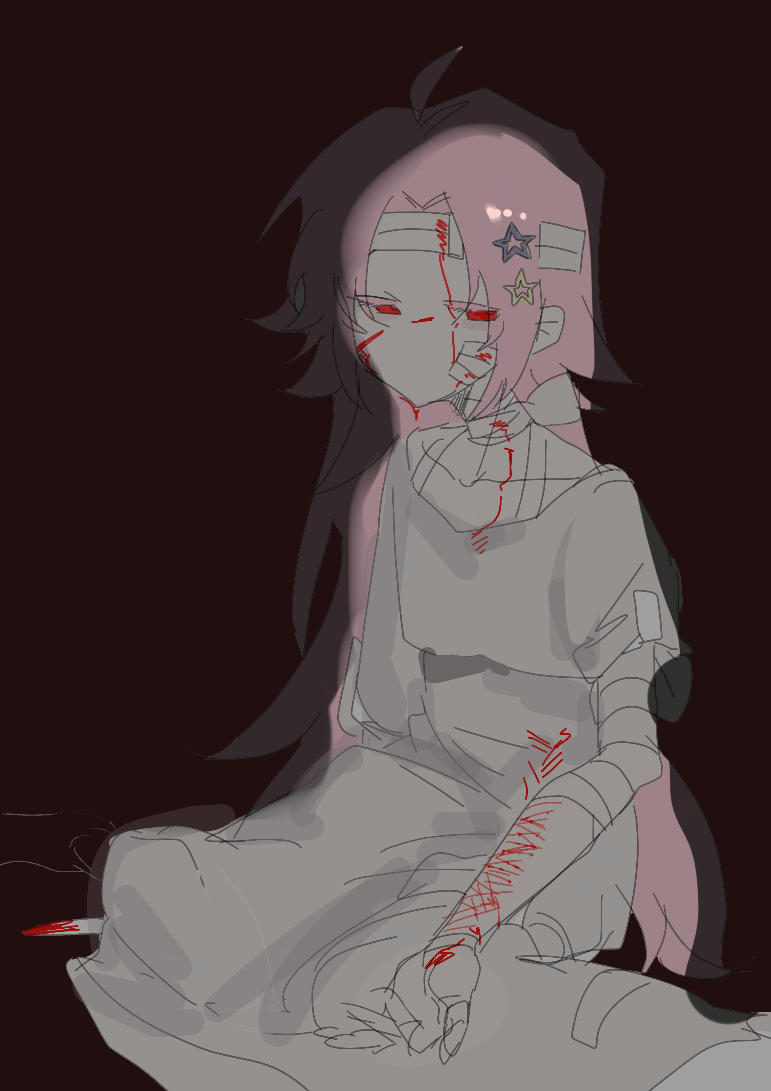 absurdres ahoge bandage_on_cheek bandaged_arm bandaged_head bandages blood blood_on_arm blood_on_face bloody_bandages bloody_knife chinese_commentary colored_eyelashes commentary_request curtained_hair dress gao_tongren_wanjiebufu hair_ornament hatsutori_hajime highres knife long_hair male_focus no_mouth no_nose parted_bangs pink_hair red_background red_eyes saibou_shinkyoku self-harm self-harm_scar short_sleeves simple_background sitting sketch star_(symbol) star_hair_ornament trap white_dress